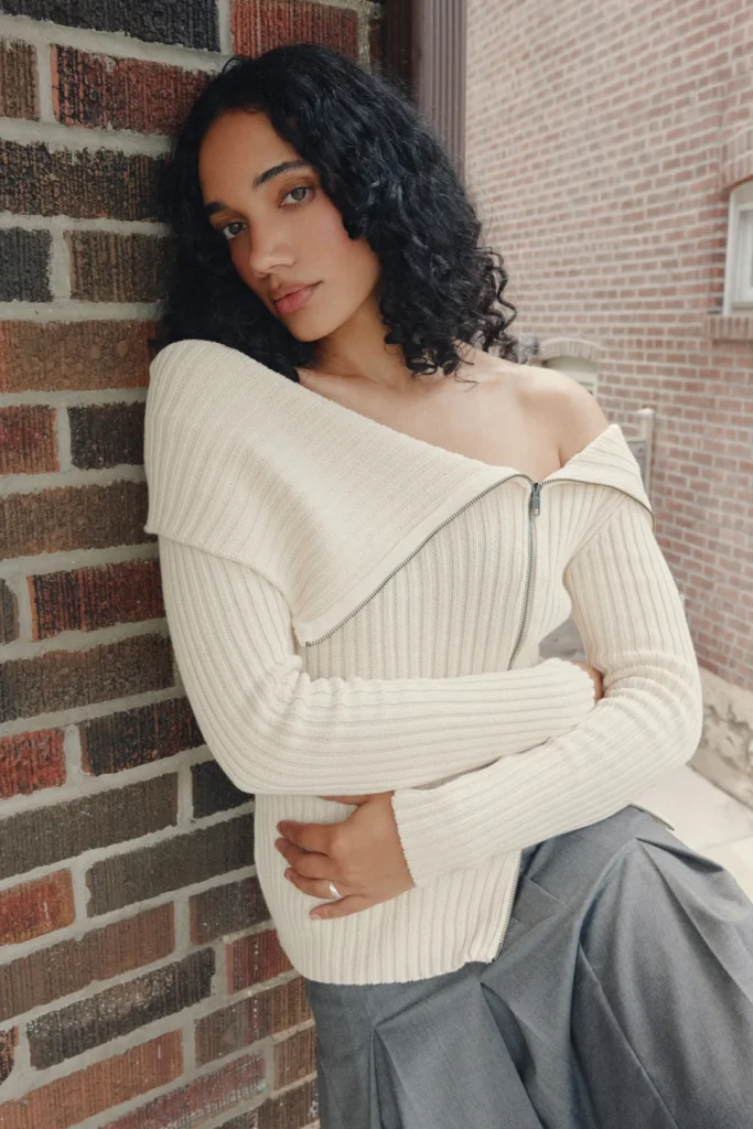 Asymmetric Cotton Foldover Sweater in Beige