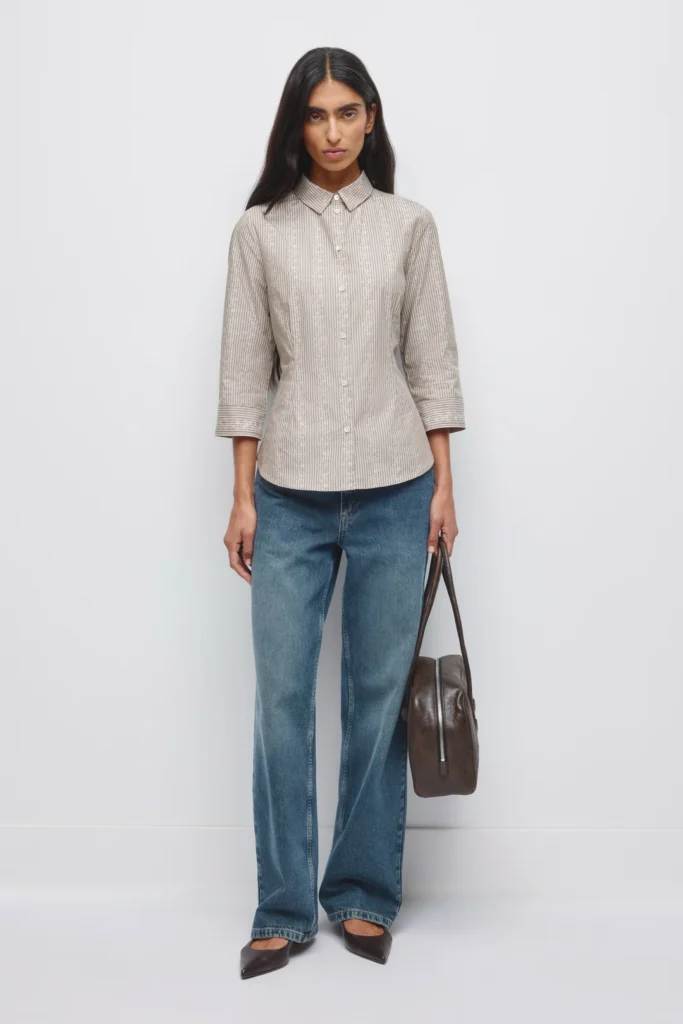 Sanaa Cotton Button Down Shirt in Taupe Stripe