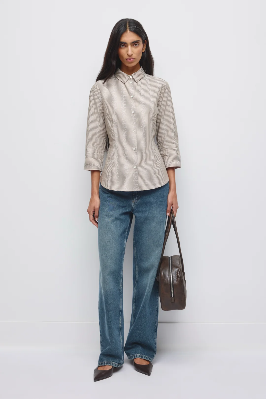 Sanaa Cotton Button Down Shirt in Winter Sky Stripe Blue - Image 3