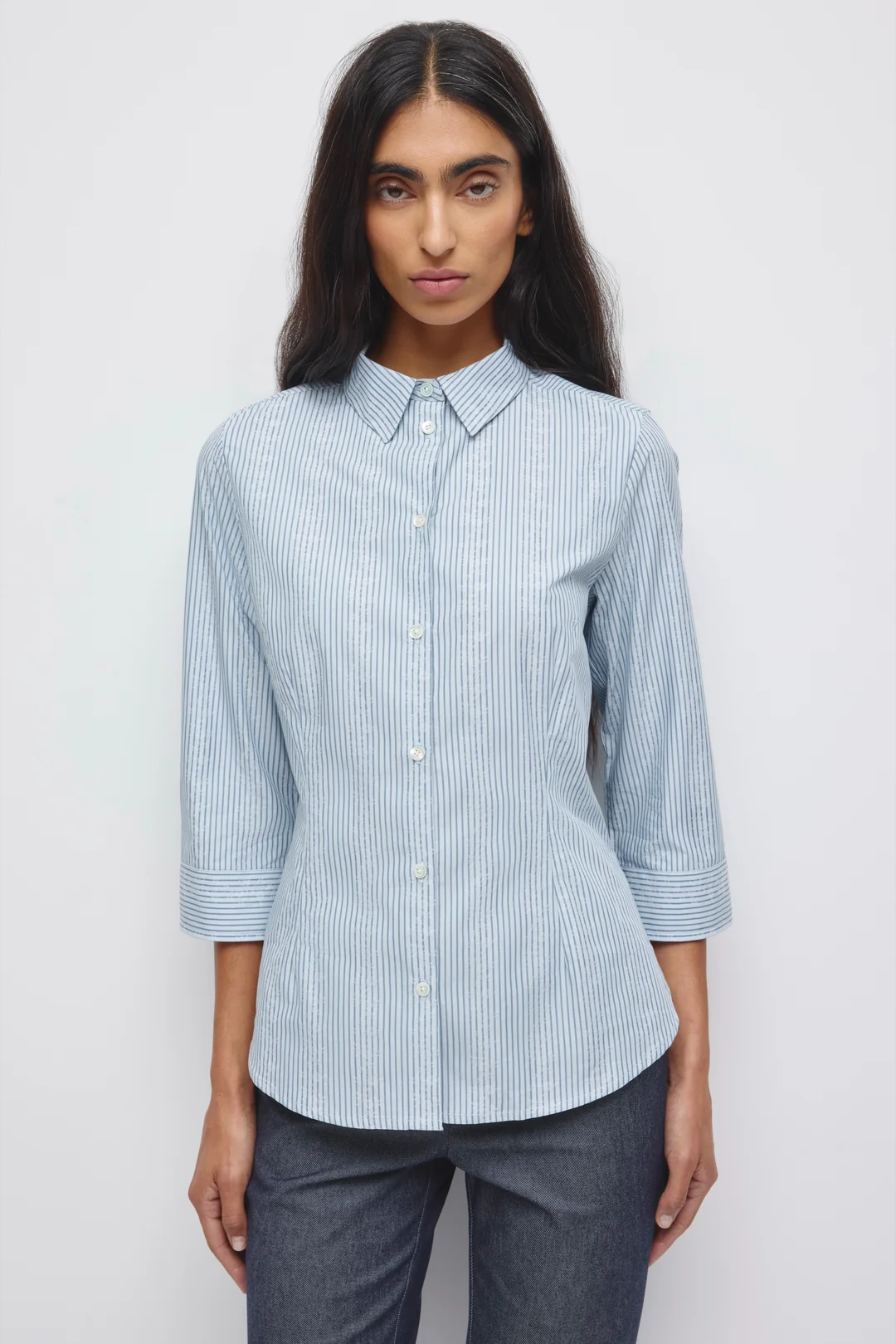 Sanaa Cotton Button Down Shirt in Winter Sky Stripe Blue