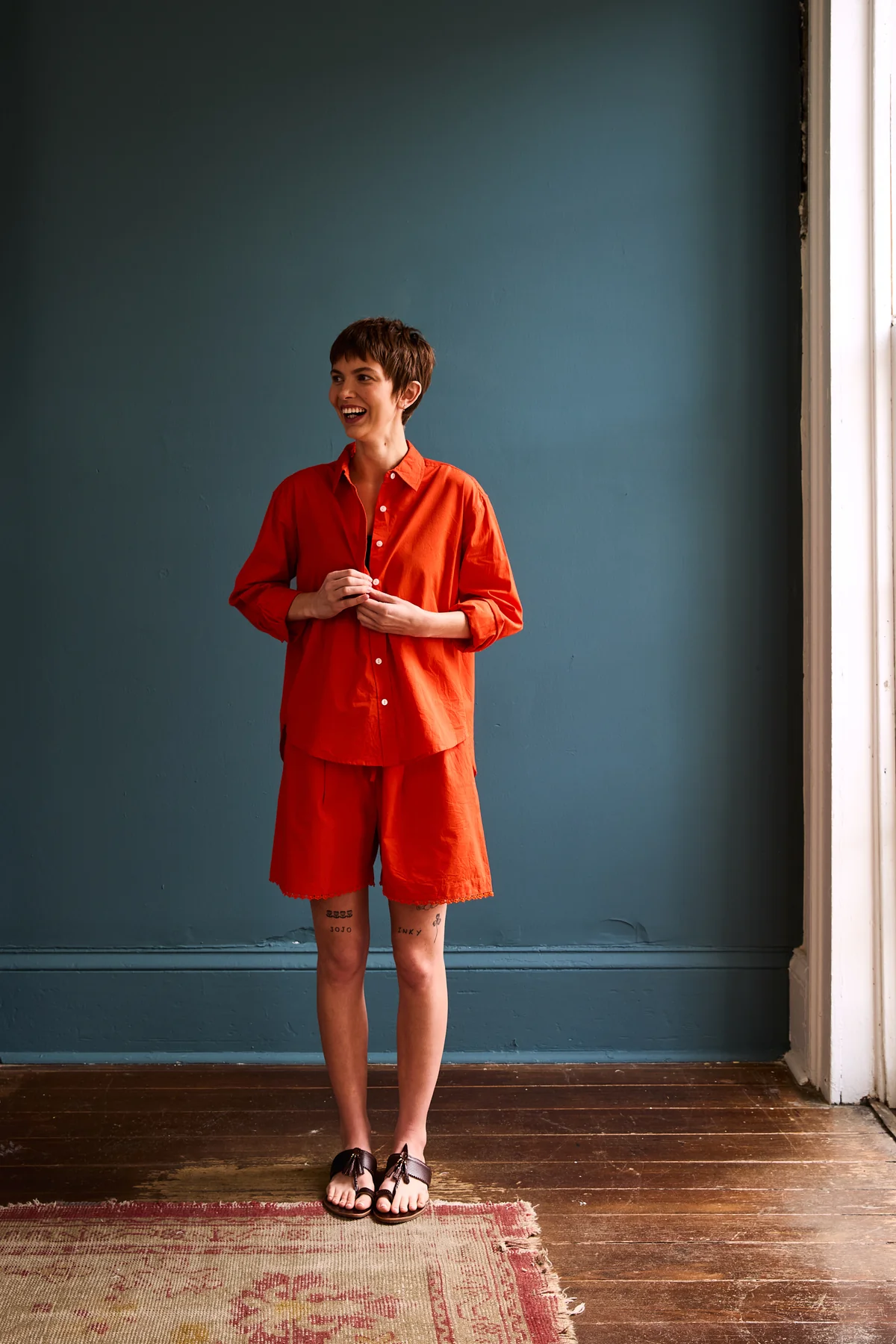 Nila Cotton Tied Button Down Shirt in Tomato Red - Image 4