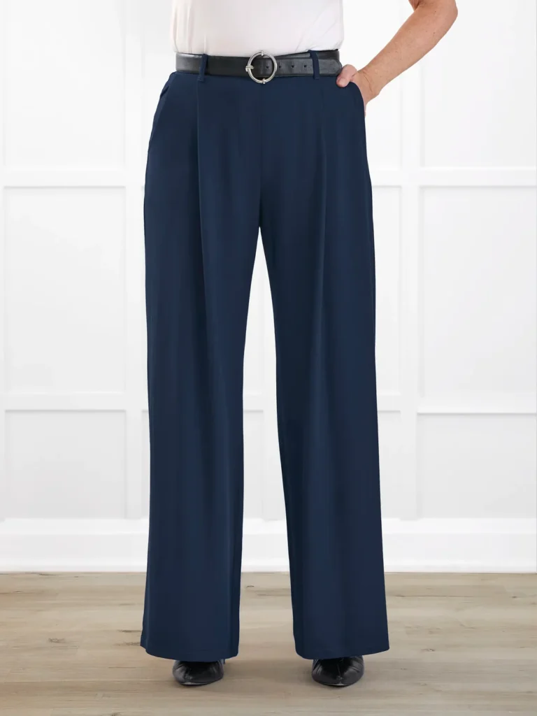 Lara High Waisted Pleated Wide Leg Pants in Navy